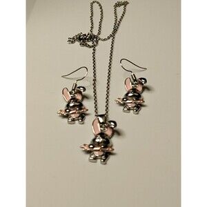 Silver Tone & Pink Enamel Bunny & Carrot Earrings And Necklace Set